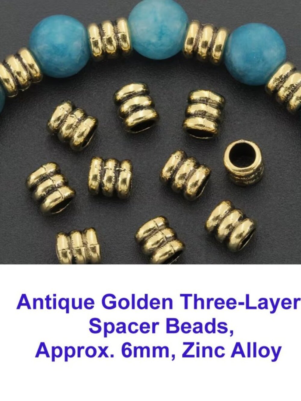 Antique Golden Three-Layer  Spacer Beads, Approx. 6mm, Zinc Alloy